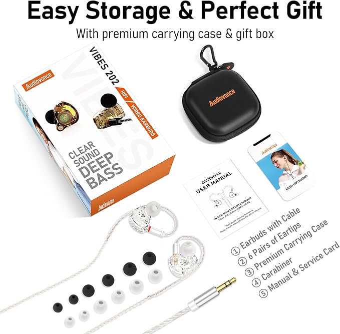 Vibes 202 Wired Earbuds - HiFi in Ear Monitor Headphones – Professional Noise-Isolating Ear Buds - Clear Sound, Deep Bass & Comfort-Fit IEM Earphones - MMCX to 3.5mm, Silver Plated Cord, Carrying Case