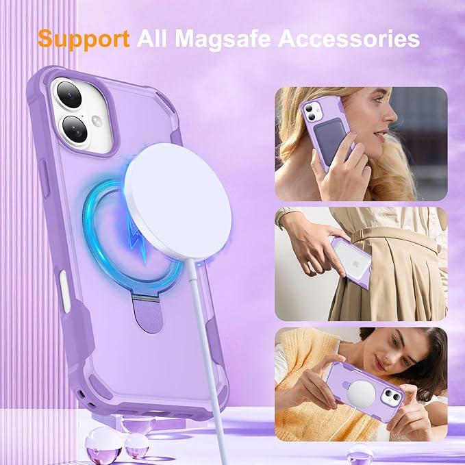 Compatible with iPhone 16 Plus Case with Invisible Magnetic Ring Stand [Compatible with Magnetic] [Military Drop Protection] Shockproof Slim Hard Back Soft Edge Case 6.7 Inch, Purple