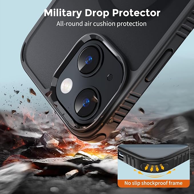 UNBREAKcable Case for iPhone 14 & iPhone 13, [Compatible with MagSafe] [Military Grade Shockproof] [Non-Slip] Translucent Matte Back and Soft TPU Edge Protective Case for iPhone 14/13 6.1", Black