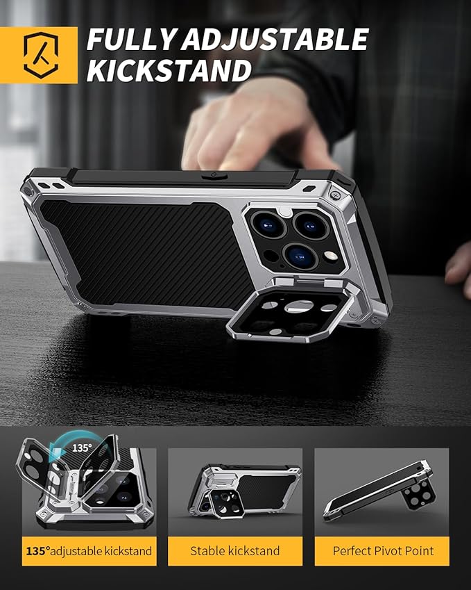 Lanhiem for iPhone 14 Pro Metal Case, [Built-in Camera Kickstand & Glass Screen Protector] Protective Heavy Duty Full Body Military Rugged Shockproof Magnetic Cover for iPhone 14 Pro 6.1" (Silver)