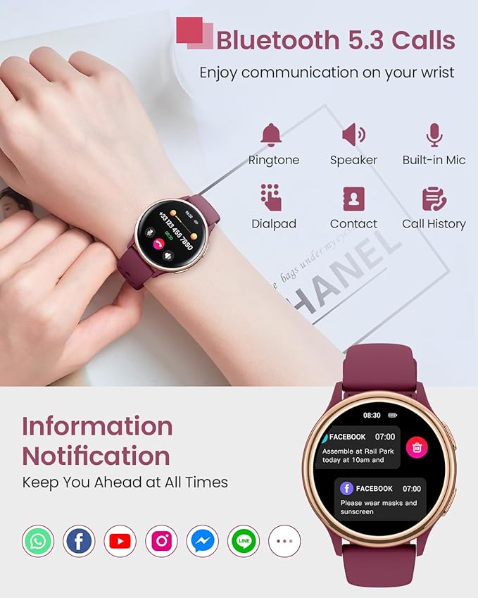 Smart Watch, Smart Watches for Women Men with 400+ Watch Face, 70+ Sport Modes, 24/7 Heart Rate, Sleep Monitor, Answer/Make Calls, Waterproof Activity Fitness Tracker for Android & iPhone (Wine Red)