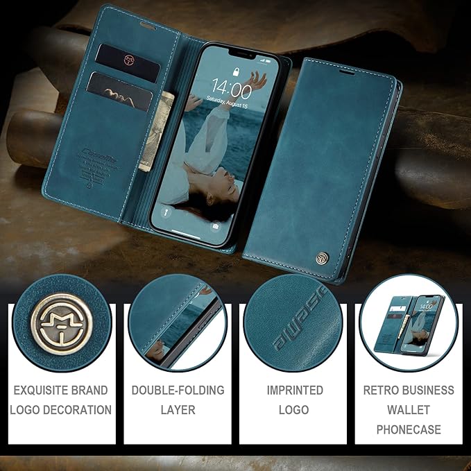 for iPhone 13 Pro Max Case, Flip Wallet Leather Case with Card Holder Magnetic Closure Shockproof Kickstand Protective Phone Cases Cover for iPhone 13 Pro Max, Blue-Green