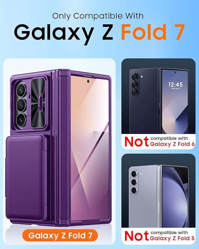 CENMASO for Samsung Galaxy Z Fold 7 Case with Card Holder [RFID Blocking] Camera Cover, Hinge Protection, Hidden Kickstand, Screen Protector, Slim Shockproof Phone Case for Galaxy Z Fold 7-Purple