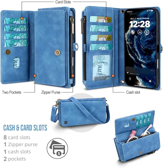 for iPhone 17 Pro Max Wallet Phone Case with 8 Card Holder,RFID Blocking | PU Leather | Kickstand | Flip | Wrist Strap&Shoulder Strap | Shockproof | Zipper Wallet | Women Men | 6.9" | Sky Blue