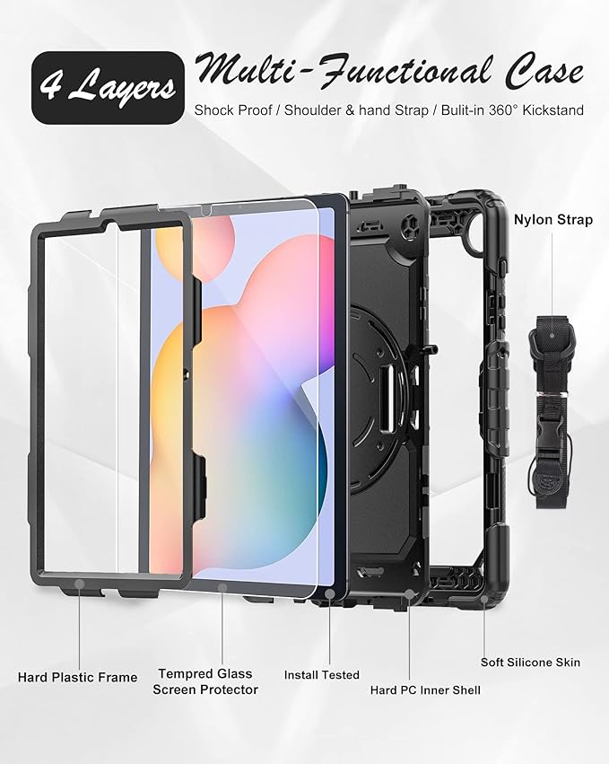 Case for Samsung Galaxy Tab S6 Lite Tablet Case 10.4 inch 2024/2022/2020 [with Tempered Glass Screen Protector], Rotatable Kickstand, S Pen Holder, Hand/Shoulder Strap (Black)