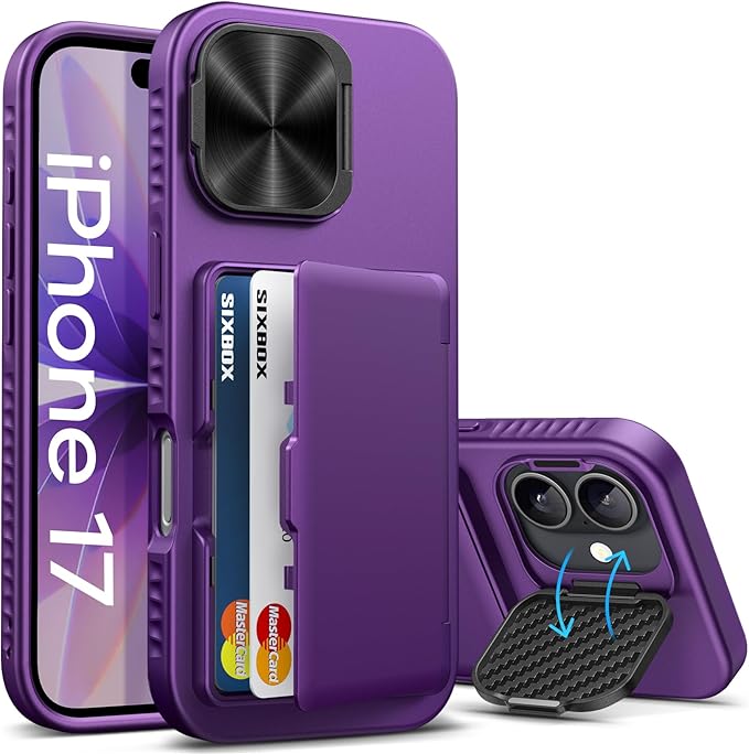 for iPhone 17 Case, Built-in Card Holder & Stand & Lens Cover, Military Grade Drop Tested Soft Silicone Edge Rugged Kickstand Protective Wallet Phone Case for iPhone 17 2025, Purple