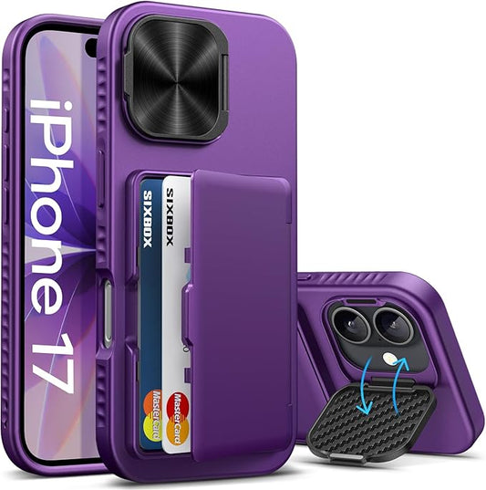 for iPhone 17 Case, Built-in Card Holder & Stand & Lens Cover, Military Grade Drop Tested Soft Silicone Edge Rugged Kickstand Protective Wallet Phone Case for iPhone 17 2025, Purple
