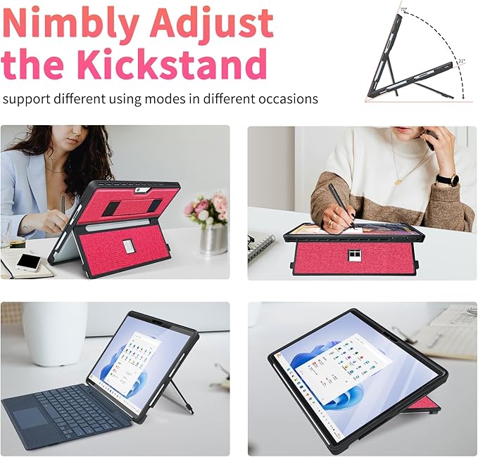 Case fit Microsoft Surface Pro 11/10 /9/8 13-Inch, with Stent Cover, Hand Strap, All-in-one Rugged Case Compatible with Type Cover Keyboards, Red
