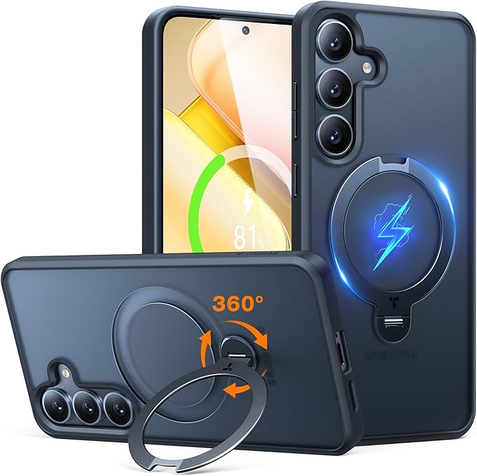 TORRAS 360° Spin for Samsung Galaxy S25 Case with Stand, Fit for MagSafe, 3X Military Grade Protective, Rotatable Kickstand for Samsung S25 Case, Magnetic Ring Slim Hard Cover, Matte Black 6.2''