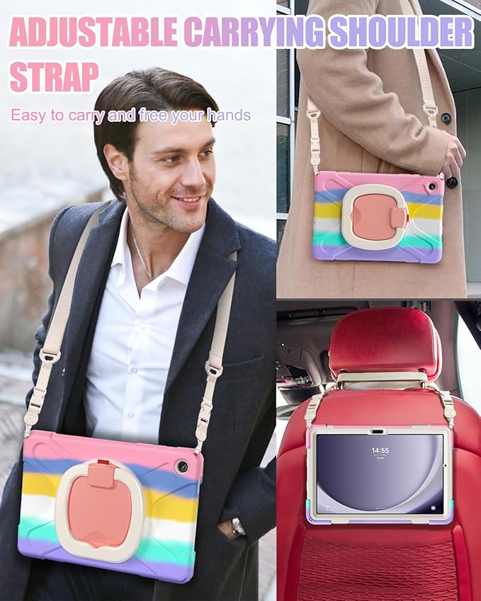 BRAECN Case for Samsung Galaxy Tab A9 Plus/ A9+ 11” 2023 (SM-X210/X216/X218), Heavy Duty Rugged Cover with Screen Protector, 360 Degree Rotating Stand, Stable Kickstand, Shoulder Strap, Colorful Pink