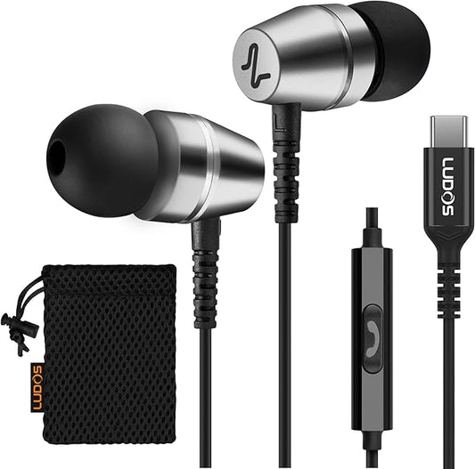 LUDOS OMNITONE USB C Headphones for iPhone 16 15 Pro Max Plus iPad Pro, 5 Years Warranty, USB-C Earbuds for Galaxy S24 S23 Ultra S22 S21 S20 A55 A54 A53, USB Type C Earphones - Grey