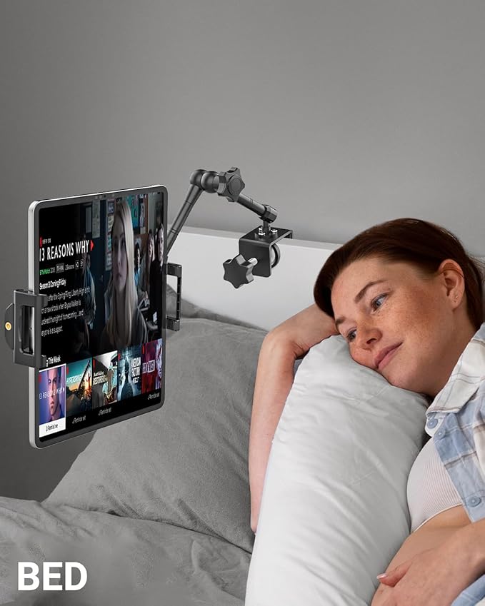 Metal Desk Tablet Mount, Fit for 6.1-15.6" Devices, Adjustable Phone Stand for Kitchen, Cabinet, Table, with 360° Foldable Rotation Aluminum Arm, Compatible with iPad Pro/Air/Mini, Galaxy Tab