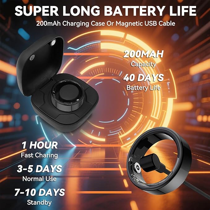 Smart Ring for Men Women with Black Charging Box, Bluetooth, Health Ring , IP68 Waterproof, Fitness Ring Tracks Heart Rate/Sleep/Steps/Sports Activities/Blood Oxygen,non-subscription app (Black, 11)