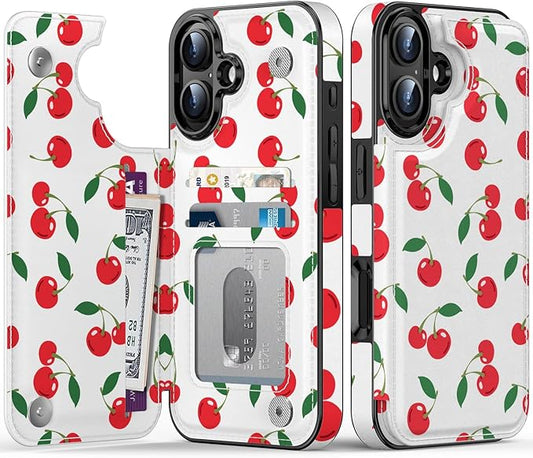 FUNMIKO for iPhone 16 Wallet Case with Card Holder, RFID-Blocking, Military-Grade Protection & UV-Printed Artwork, Magnetic Closure with Leather Kickstand - Juicy Cherries