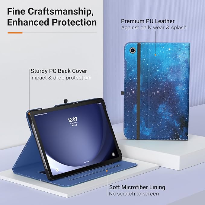 MoKo Case for Samsung Galaxy Tab A9 Plus 11" 2023 (SM-X210/SM-X216/SM-X218), PU Leather Multi-Angle Viewing Folding Stand Cover Case with Hand Strap, Front Pocket, Auto Wake/Sleep, Blue Starry Sky