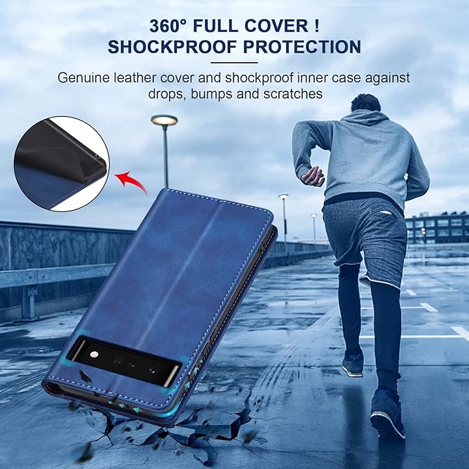 Jasonyu Flip Wallet Case for Google Pixel 6 Pro 5G,Leather Magnetic Folio Cover with Card Holder,Kickstand - TPU Shockproof Durable Protective Phone Case,Blue