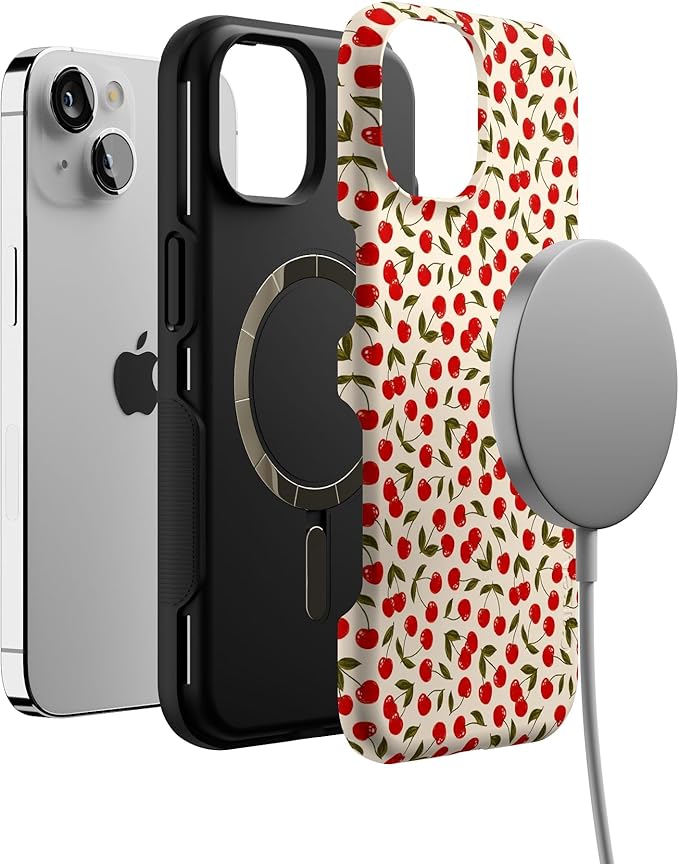 Casely iPhone 14 Case | Cherry on Top | Red Cherries Floral | Compatible with MagSafe | Bold Protective Design