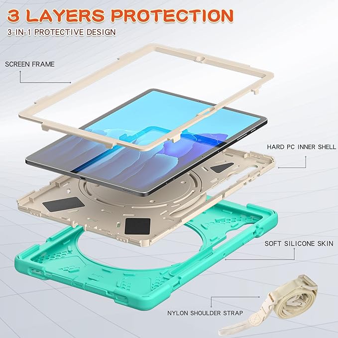 360 Rotation Portable Case for Galaxy Tab S8+/S7 FE/S7+ 12.4 Inch Case with S Pen Holder Rugged Case Rotating Stand Hand Strap Shoulder Carrying Strap Outdoor Cover (MintGreen)