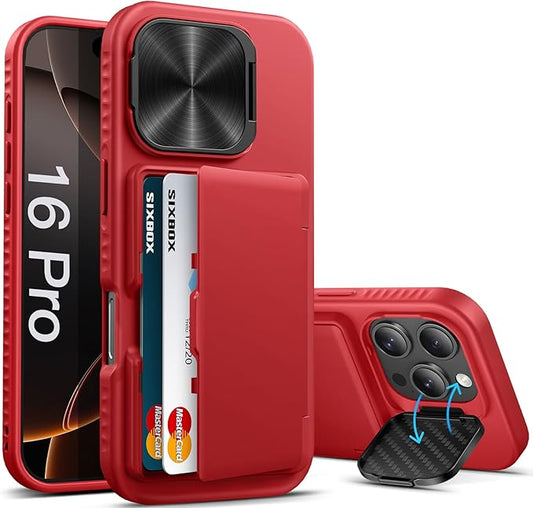 Kickstand Designed for iPhone 16 Pro Case with Card Holder & Camera Cover Stand, Heavy Duty Military Grade Protection Rugged Adjustable Stand Wallet Phone Case for iPhone 16 Pro 6.7", Red