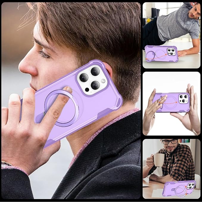 Designed for iPhone 15 Pro Case with Magnetic Stand [Military Drop Protection][Compatible with Magnet] Shockproof 15 Pro Phone Case with Ring Holder, Purple