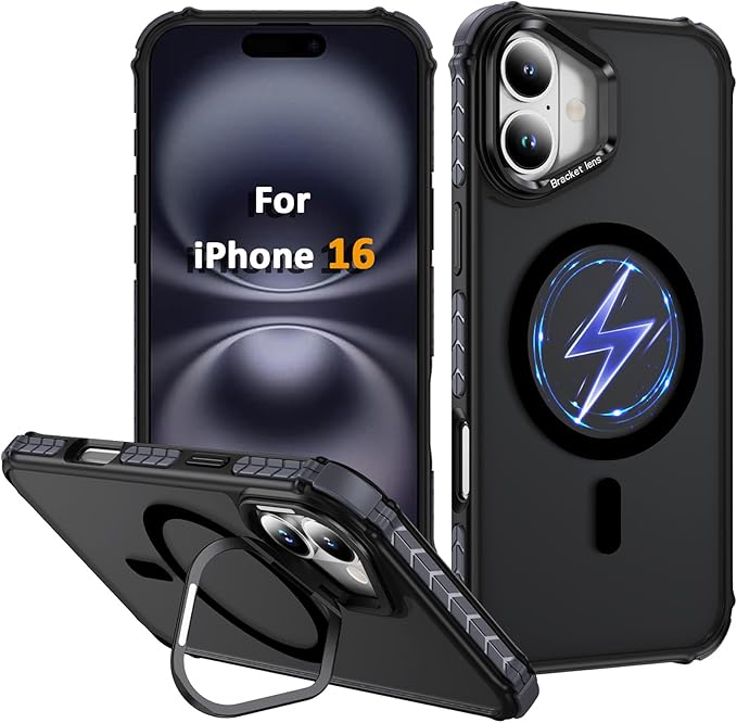Magnetic for iPhone 16 Case Black with MagSafe Wireless Charging Heavy Duty Military-Grade Shockproof Protection Adjustable Kickstand Slim Matte Anti-Fingerprint Cover Men Women