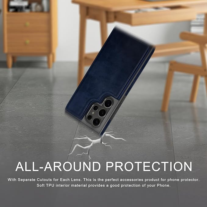 DJDUCK Designed for Samsung Galaxy S25 Ultra Case Wallet with Card Holder, [Magnetic Clasp Cover] [RFID Blocking Leather Protection] Shockproof Women Men Cases for Samsung S25 Ultra Dark Blue