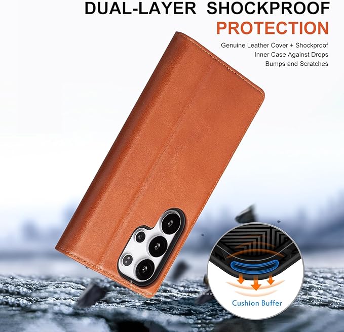 Case for Galaxy S25 Ultra 6.9"-Genuine Leather Folio Wallet Case with Kickstand RFID Blocking Card Holder Magnetic Protective Phone Cover Compatible with Galaxy S25 Ultra 2025 (Brown)