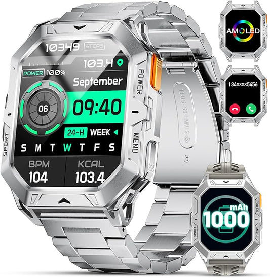 LIGE Military Smart Watches for Men(Answer/Make Calls),100-Day Battery Life,2.13" AMOLED Outdoor Sports Smartwatch with Compass,Heart Rate/Sleep Monitor Fitness Tracker for Android iOS,Sliver
