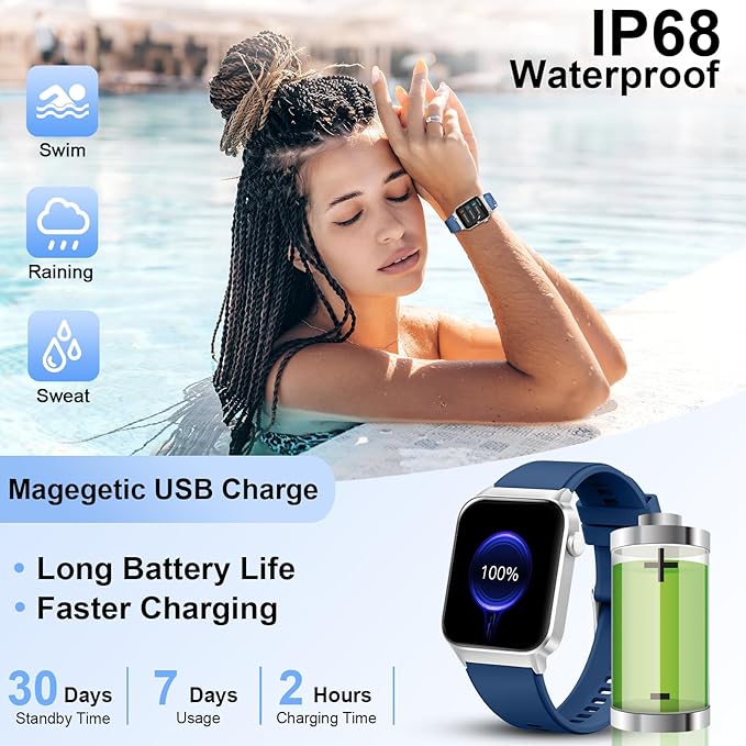 Smart Watch for Men Women (Answer/Make Calls), 1.85" HD Fitness Smartwatch 2025, 113+ Sports Modes, Heart Rate/Sleep/Spo2 Monitor, IP68 Waterproof Step Counter, Activity Tracker for Android iOS, Blue