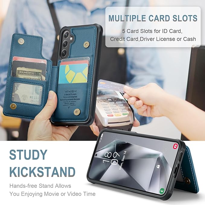 Vinich for Samsung Galaxy S24 Plus Wallet Case with Card Holder, RFID Blocking Credit Slots Kickstand Shockproof Phone Cover for Women Men, Blue