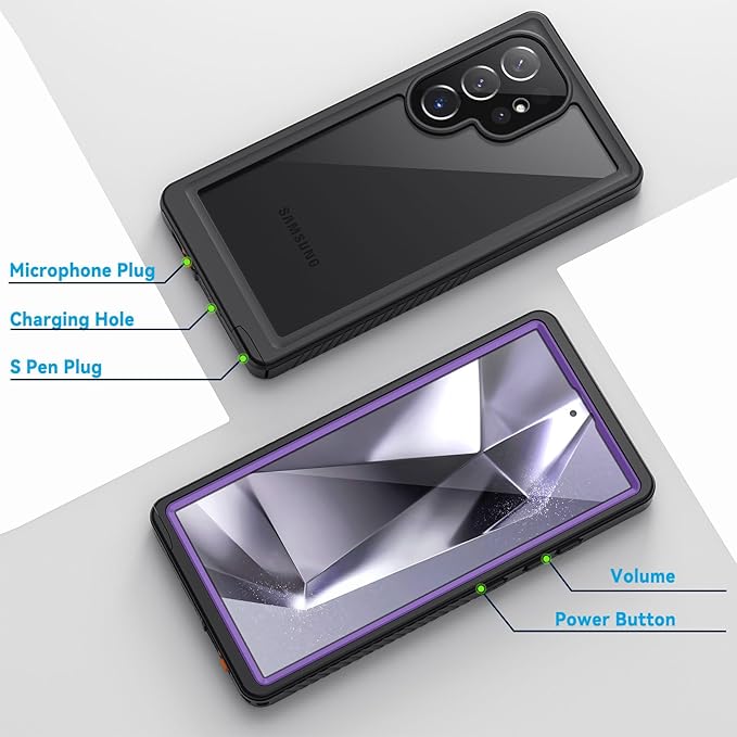 Lanhiem for Samsung Galaxy S24 Ultra Case, IP68 Waterproof Dustproof, Built-in Screen Protector, Rugged Full Body Shockproof Protective Cover for Galaxy S24 Ultra 5G 6.8 Inch, Purple/Clear