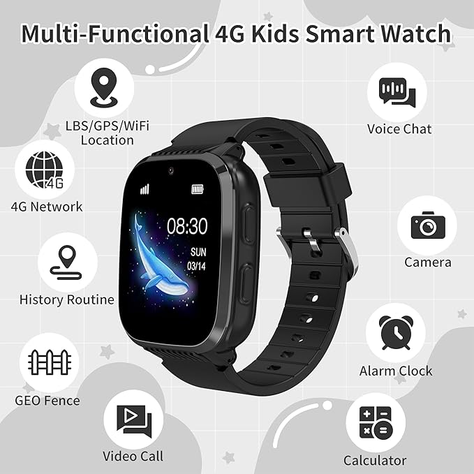 4G Kids Smart Watch Boys with GPS Tracker Video Calling Texting, Waterproof Smartwatches Age 5-13, One-Key SOS Call Voice Chat Cell Phone Watch with Alarm Clock Game HD Camera (Black)