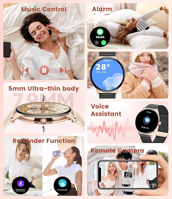 Smart Watches for Women, 1.43" AMOLED Display Fitness Tracker with Bluetooth Make/Answer Call, Heart Rate/Sleep Monitor/Female Cycle, 100+ Sports Modes, IP67 Waterproof for Android/iPhone