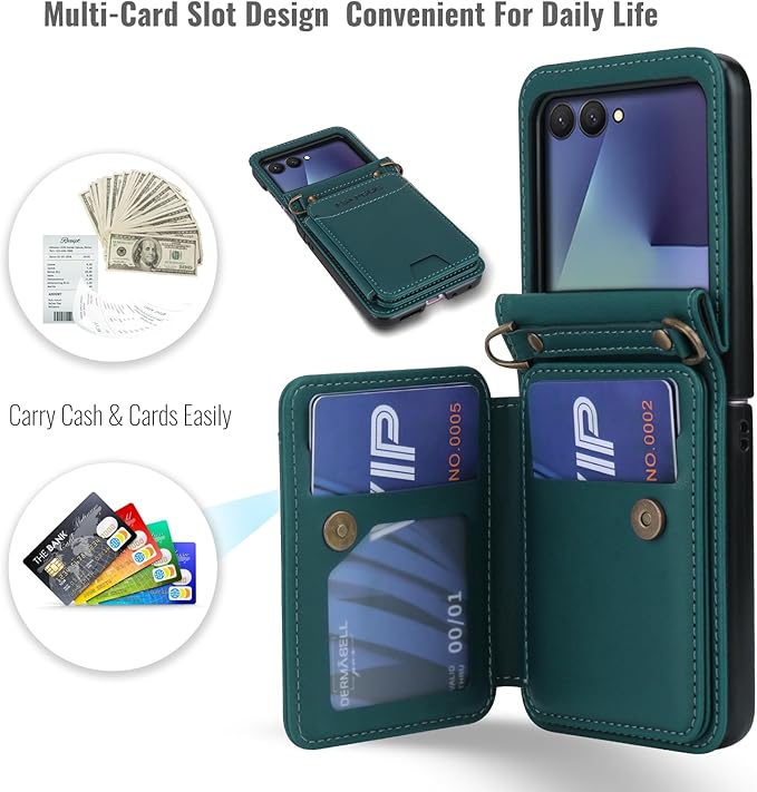 ASAPDOS for Samsung Galaxy Z Flip 7 PU Leather Wallet Phone Case with Card Slots (Holds 5 Cards), Anti-Drop Protection, Wrist & Shoulder Strap Blue Green
