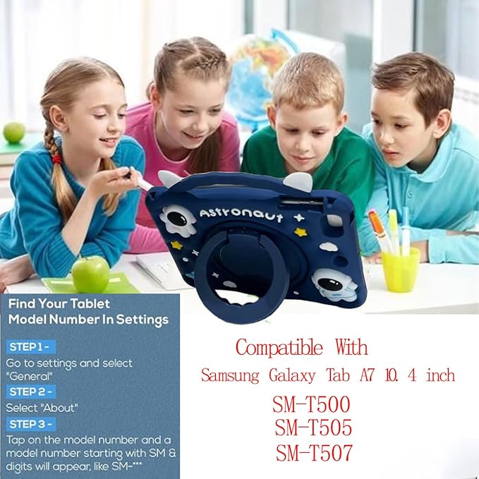 3D Cute Press Astronaut Case for Samsung Galaxy Tab A7 10.4 inch 2022/2020 SM-T500/T505/T507,Kawaii Cartoon Character Space Soft Silicone Rotating Stand Case with Lanyard for Kids Teens Girls Women