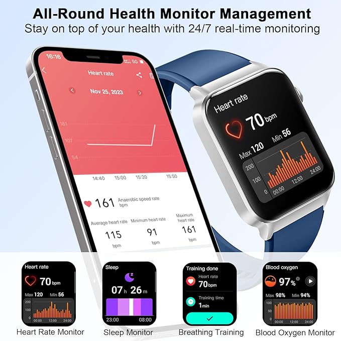 Smart Watch for Men Women (Answer/Make Calls), 1.85" HD Fitness Smartwatch 2025, 113+ Sports Modes, Heart Rate/Sleep/Spo2 Monitor, IP68 Waterproof Step Counter, Activity Tracker for Android iOS, Blue