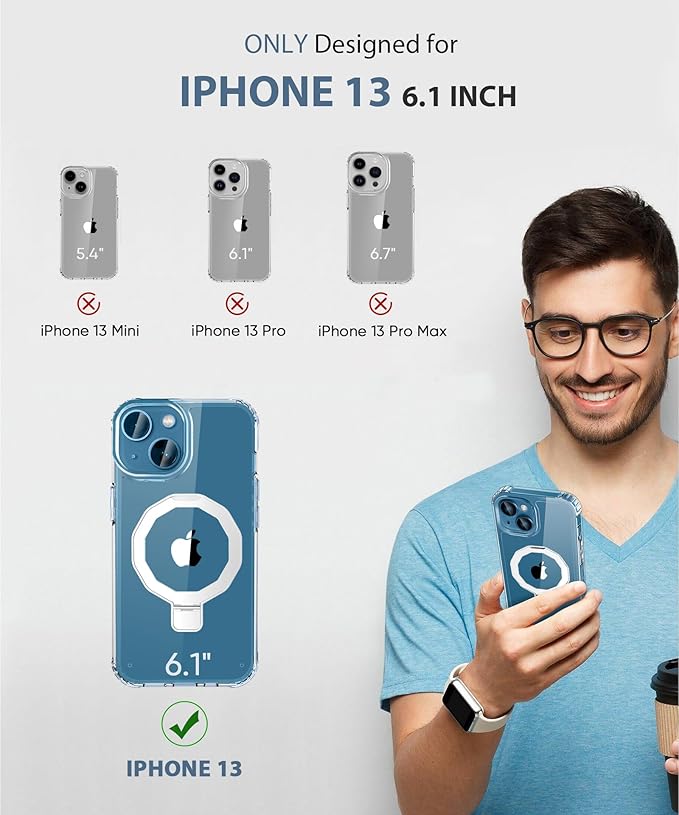 Compatible with iPhone 13 Case, Built-in Screen Protector & Seamless Stand, with Camera Lens Protector, Strong Magnetic Clear Phone Case, Full Body Protective Cover for 6.1" (Clear)