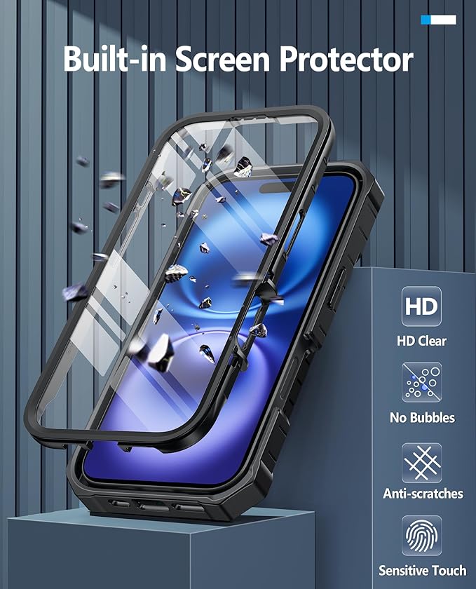 FNTCASE for iPhone 16 Phone Case: for iPhone 16 case with Kickstand Shockproof Military Grade Protective Cover - Dual Layer Full Protection Sturdy Matte Textured Drop Proof - 6.1 Inch Black