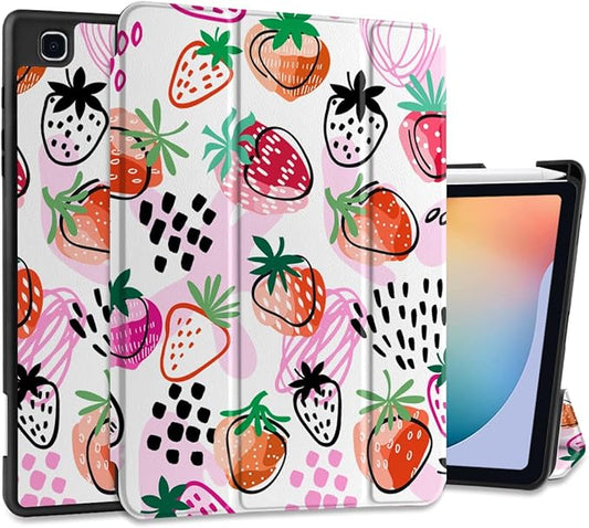 DONGKE Case for Samsung Galaxy Tab S6 Lite 10.4 Inch 2024/2022/2020, Trifold Stand + S Pen Holder + Auto Wake/Sleep + Soft TPU Protective Stand Back Cover, Strawberry