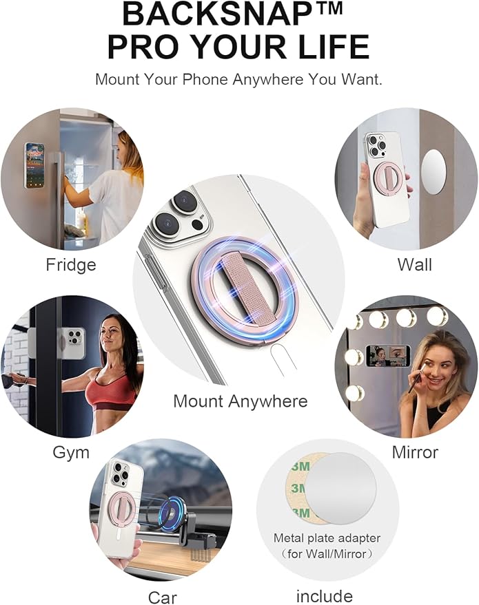 EWA MagOne Ultra for Magsafe Phone Grip Kickstand [Replaceable Elastic Finger Loop], Mag Safe Ring Holder Stand, Two-Sided Magnetic Phone Accessories for iPhone 17,16,15,14,13,12 Pro/Max/Plus-RoseGold