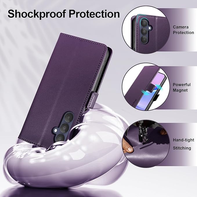 Wallet Flip Case for Samsung Galaxy A15 5G - [RFID Blocking] Luxury PU Leather Card Holder Magnetic Phone Cover with Kickstand,Shockproof Protective Case,Purple