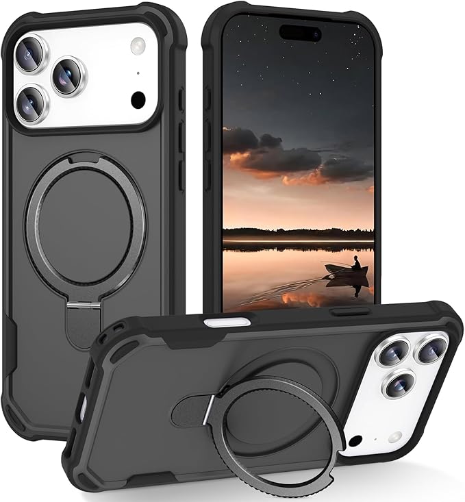 Compatible with iPhone 17 Pro Case with Invisible Magnetic Ring Stand [Compatible with Magnetic] [Military Drop Protection] Shockproof Slim Hard Back Soft Edge Case 6.3 Inch, Black