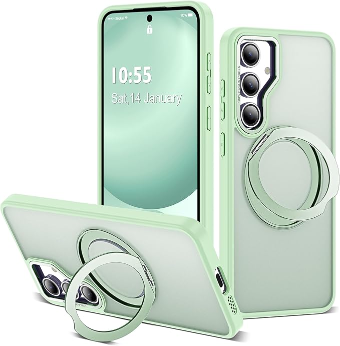 for Samsung Galaxy S24 FE Case with 360° Rotatable Magnetic Ring Stand Compatible with Mag-Safe Military Protection Shockproof Matte Translucent Phone Cases for S24 FE,Green