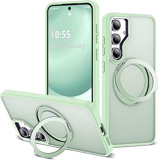 for Samsung Galaxy S24 FE Case with 360° Rotatable Magnetic Ring Stand Compatible with Mag-Safe Military Protection Shockproof Matte Translucent Phone Cases for S24 FE,Green
