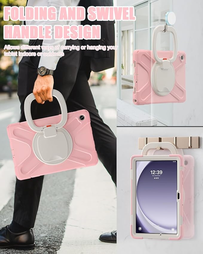 BRAECN Kids Case for Samsung Galaxy Tab A9+/ A9 Plus 11 Inch 2023 SM-X210/X216/X218, Heavy Duty Protective Silicone Cover with Screen Protector, Handle Grip, Swivel Stand, Shoulder Strap, Sakura Pink