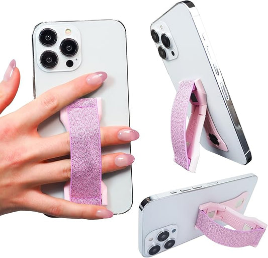 LOVEHANDLE PRO Premium Phone Grip - Elastic Phone Strap - Magnetic Phone Mount and Kickstand for Smartphone and Tablet - Pink Glitter