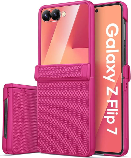 Vihibii for Samsung Galaxy Z Flip 7 Case Slim with Hinge Protection & Outer Screen Protector & Non-Slip Texture, Compatible with Wireless Charging, Shockproof Case for Galaxy Z Flip 7 2025, Hot Pink