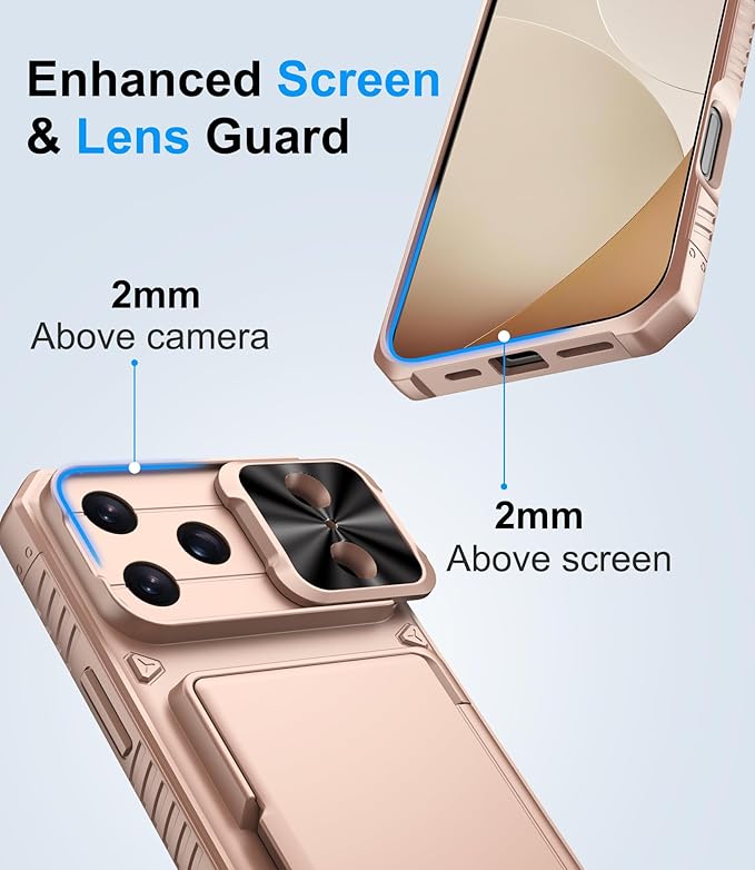 for iPhone 17 Pro Phone Case Wallet, Card Holder (4-5 Cards), Slide Camera Cover, Military Grade Protection, Rugged Hard Women Girly Men Protective Case for iPhone17 Pro 6.3", Rose Gold