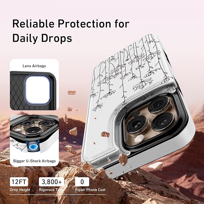 FUNMIKO for iPhone 16 Pro Max Wallet Case with Card Holder, RFID-Blocking, Military-Grade Protection & UV-Printed Artwork, Magnetic Closure with Leather Kickstand - Elegantly Sketched Flower