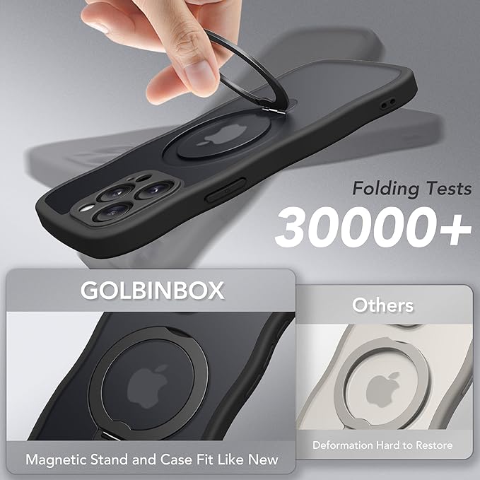 GolbinBox for iPhone 15 Pro Max Case,[Compatible with Magsafe][360°Magnetic Stand][Cute Wave Edge][18ft Military-Grade Protection] Translucent Matte Women Phone Cover for iPhone 15 Promax, Black